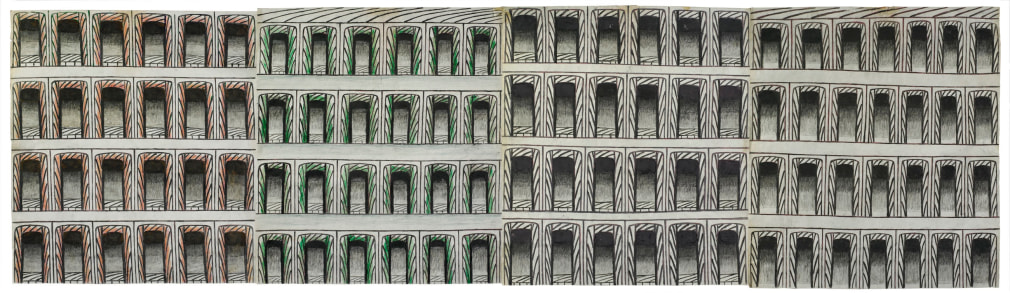 Martín Ramírez (1895-1963) Mexico/USA, Untitled (Arches), c. 1960-63, Gouache, colored pencil, and graphite on pieced paper, 20 x 90 in
