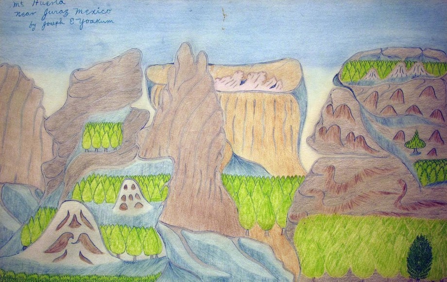 Joseph Yoakum (1890-1972) USA, Mt. Huerta near Juraz Mexico, c. 1970, Pen and colored pencil on paper, 12 x 19 in