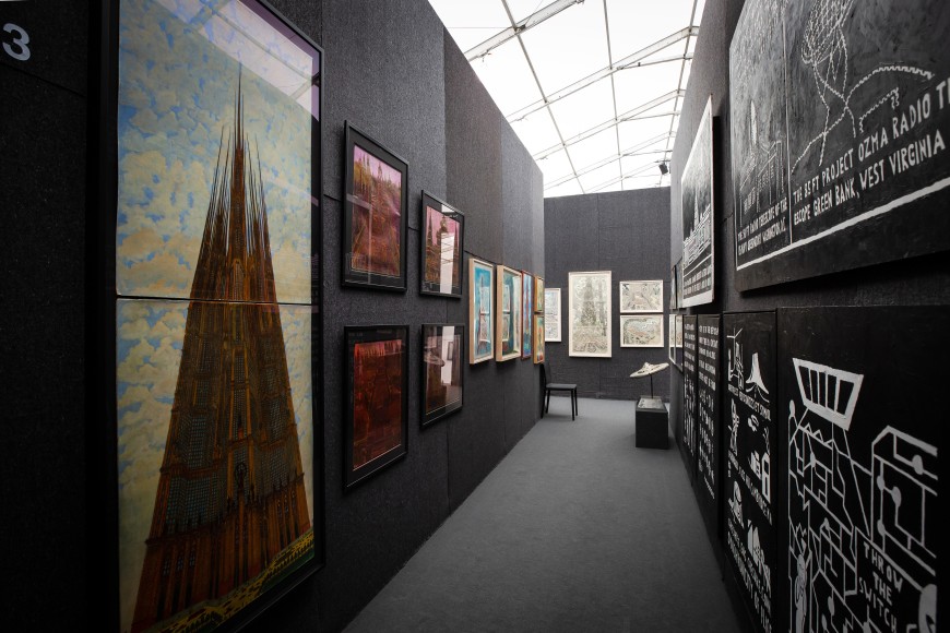 &quot;The Doors of Perception.&quot; Installation view. Photo by Olya Vysotskaya., Works, from left: Marcel Storr, Eugene Von Bruenchenhein, William A. Hall, Ionel Talpazan, and Ken Grimes.