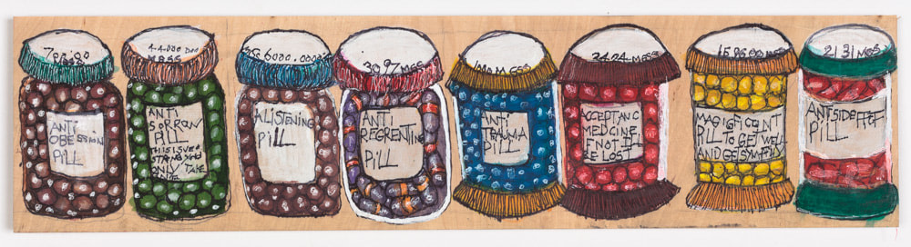 Camille Holvoet, Medicine Bottles (Anti Obsession Pill), 2015, Mixed media on wood, 5 x 19 x .25 in., courtesy of Creativity Explored&nbsp;