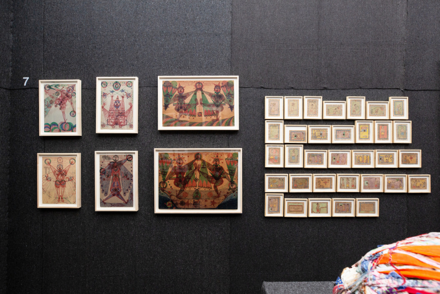 &quot;The Doors of Perception.&quot; Installation view. Photo by Olya Vysotskaya., Works, from left: Janko Domsic and&nbsp;Fr&eacute;d&eacute;ric Bruly Bouabr&eacute;.