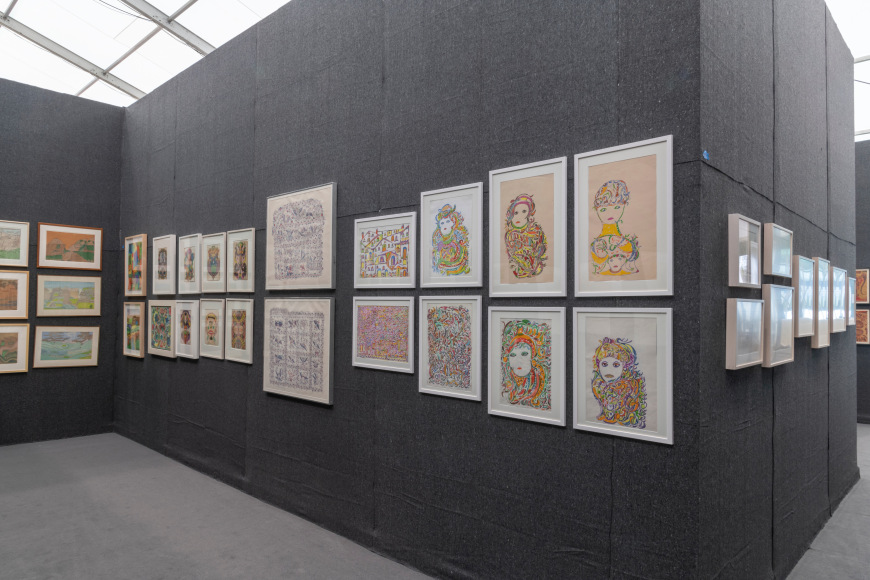 &quot;The Doors of Perception.&quot; Installation view. Photo by Adam Reich., Works, from left: Joseph Yoakum, Agatha Wojciechowsky, Minnie Evans, Frank Jones, and&nbsp;Martha Grunenwaldt.