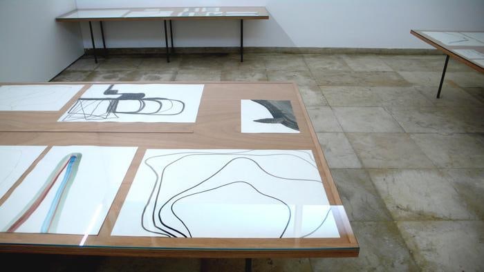 Silvia Bächli Instalation, auslegen, 4 tables with 43 drawings, 2008 - 2009