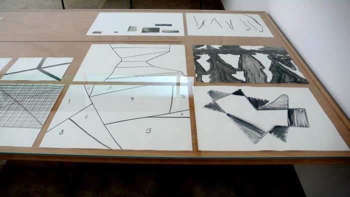 Silvia Bächli Instalation, auslegen, 4 tables with 43 drawings, 2008 - 2009