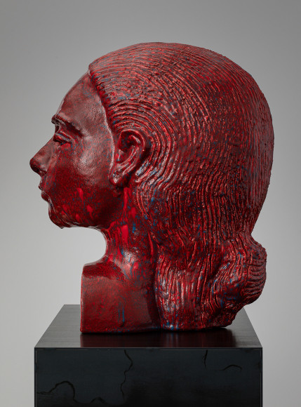 Frauenkopf 2019 glazed ceramic on artist's steel base