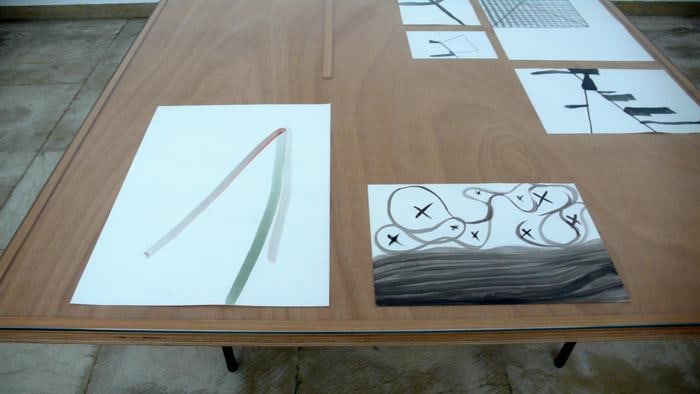 Silvia Bächli Instalation, auslegen, 4 tables with 43 drawings, 2008 - 2009