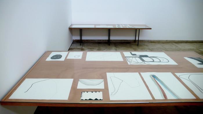 Silvia Bächli Instalation, auslegen, 4 tables with 43 drawings, 2008 - 2009