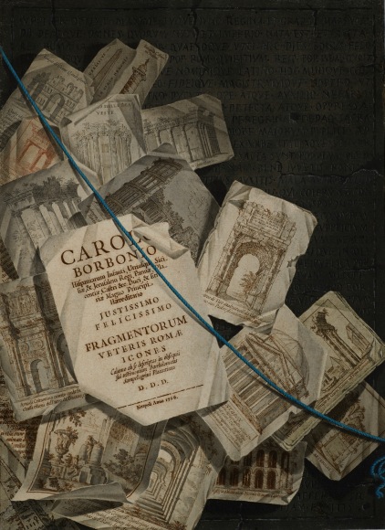 Bartolomeo Sampellegrini da Piacenza, Trompe-l'oeil with Engraved Views of Rome Scattered on a Bronze Latin Epigraph