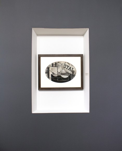 Installation view of The Climax of Cubism, booth 301 at TEFAF Spring 2019. &copy;Helly Nahmad Gallery NY. Photography by Studio MDA. This photo features a drawing by Georges Braque, Guitare et Journal: STAL (recto); Femme a la Mandoline (verso) ( Guitar on newspaper)