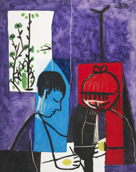 Enfants Dessinant (Claude et Paloma Dessinant) was painted by Picasso on 1954. The painting represents his sons Claude and Paloma drawing in the artist's studio.