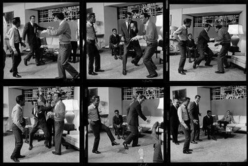 Sid Avery, The Stars of "Ocean's 11" Stage a Fight: Sammy Davis Jr., Dean Martin, Frank Sinatra, and Joey Bishop, 1960