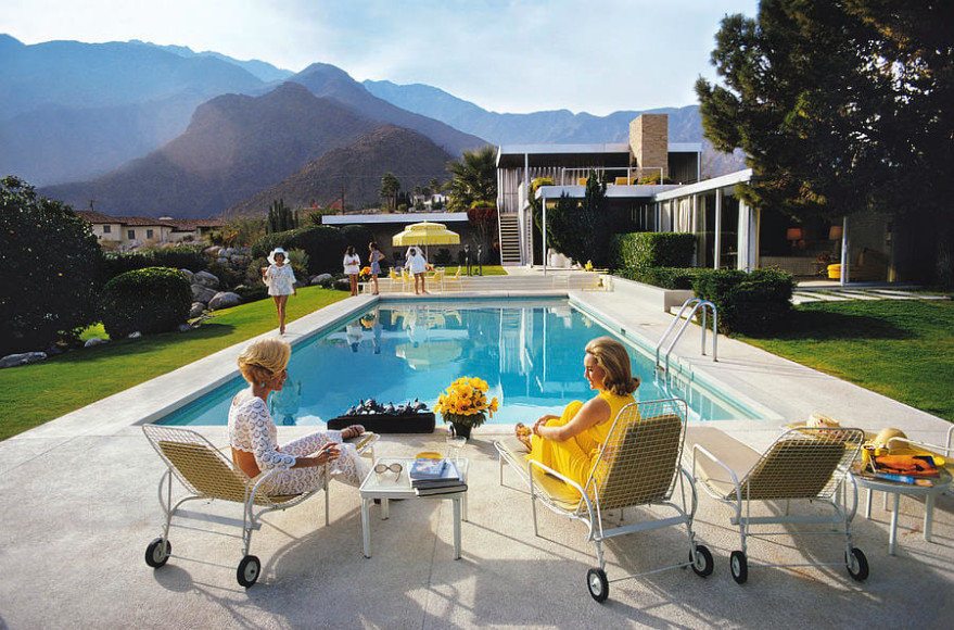 Slim Aarons, Poolside Glamour, 1970: Lita Baron, Nelda Linsk, and Helen Dzo Dzo at the Richard Neutra-Designed house of Edgar Kaufman, Palm Springs