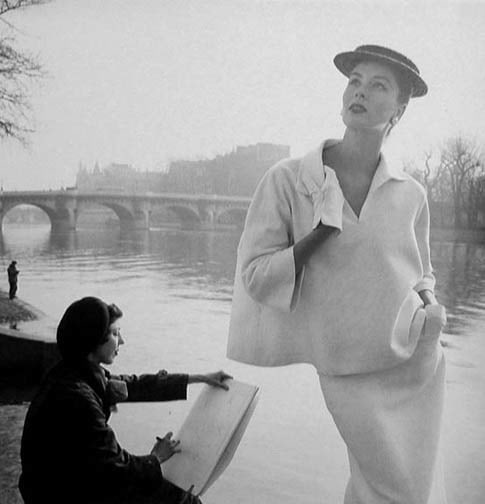 Louise Dahl-Wolfe, Suzy Parker in Balenciaga Along Seine, 1953