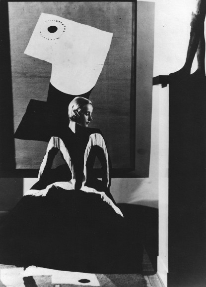 George Hoyningen-Huene, Art in Fashion: Model in Balenciaga in front of painting by Miró, photographed in Helena Rubenstein’s Paris Home, 1939