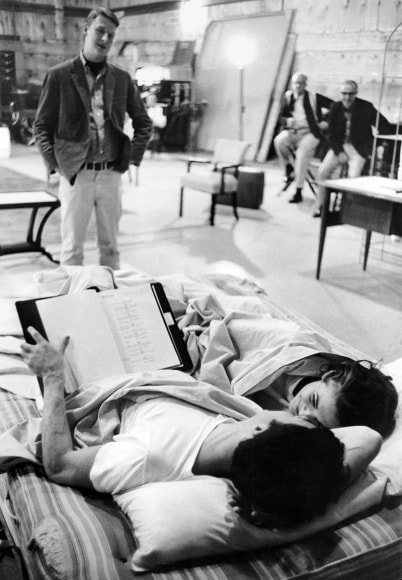 Bob Willoughby, Mike Nichols, Dustin Hoffman, and Anne Bancroft on the set of "The Graduate", 1967