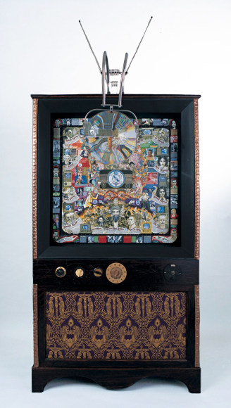 As You Look into the Eye of the Cyclops, So the Eye of the Cyclops Looks into You, 2003, Acrylic on masonite, mixed media console, audio soundtrack, mounted on smoking jacket worn in film Scarlet Diva, TV set knobs, magnifying lens from the artist&#039;s gradfather&#039;s TV set