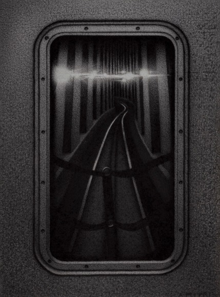 Anthony Mitri, Hind Sight 2: D Train, NYC, 2020, charcoal on paper, 7 1/2 x 5 1/2 inches