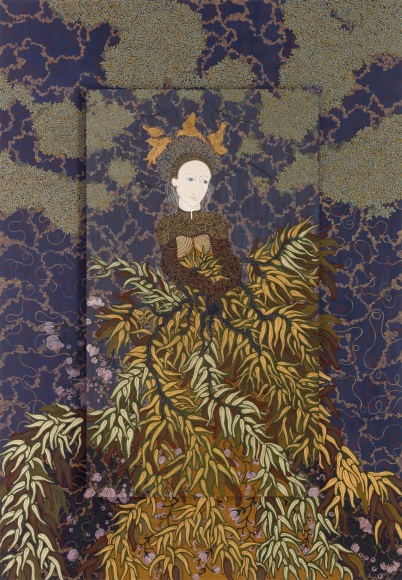 stephanie wilde, Daphne II, 2016, ink, acrylic and gold leaf on museum board, 40 x 28 inches