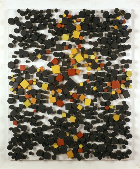 Nikolai Kasak, Constellation New York (SOLD), 1949-53, wood, gouache, metal on board, 36 1/2 h x 30 w x 2 1/2 d inches