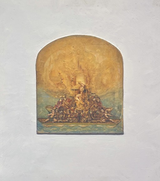 gregory gillespie, Ancient Boats, 1987-88, oil and alkyd on panel, 24 1/4 x 21 1/2 inches