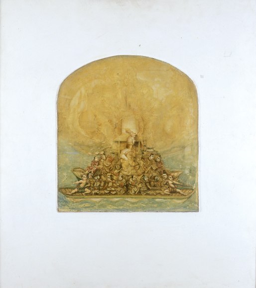 gregory gillespie, Ancient Boats, 1987-88, oil and alkyd on panel, 24 1/4 x 21 1/2 inches
