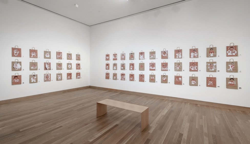 Megan Rye, Foundling: 100 Days, 2020 oil on paper bags Installation dimensions variable