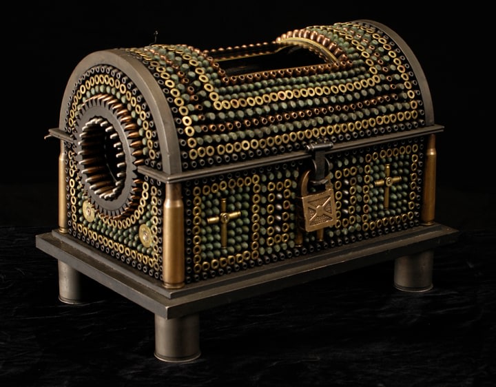 Al Farrow, Casket Reliquary III (Foot of Santo Guerro) [SOLD], 2011, bullets, shell casings, steel, wood, glass, bone, lock, antique velvet, 10 3/4 x 14 1/2 x 9 3/4 inches