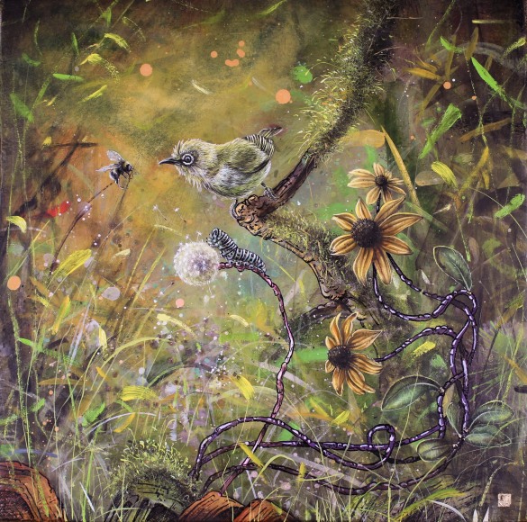 "I got the gossip...", 2020, oil, gold leaf, ink and cold wax on marble plastered jute wrapped panel, 16 x 16 inches