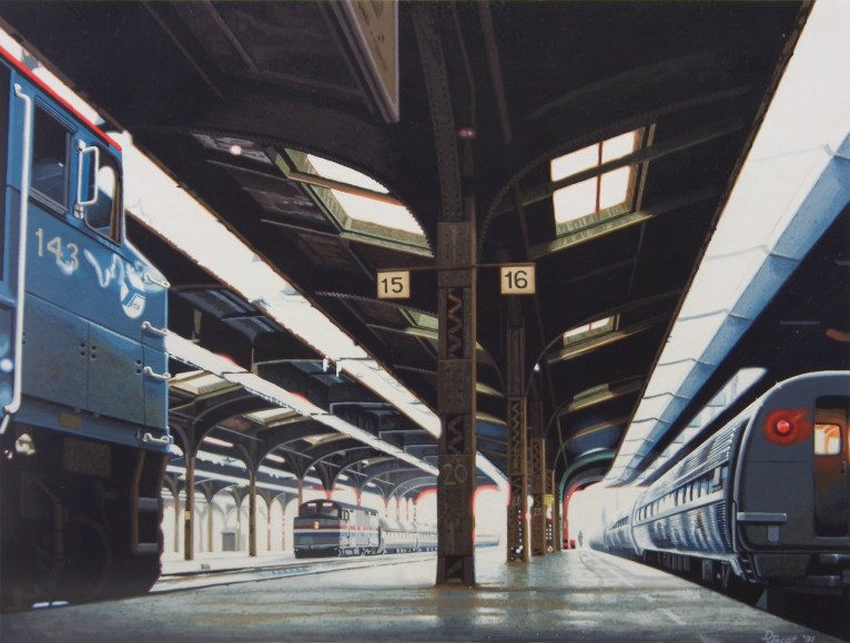 Don Jacot, Chicago and Northwestern Terminal, 1991, gouache on board, 8 7/8 x 19 1/8 inches