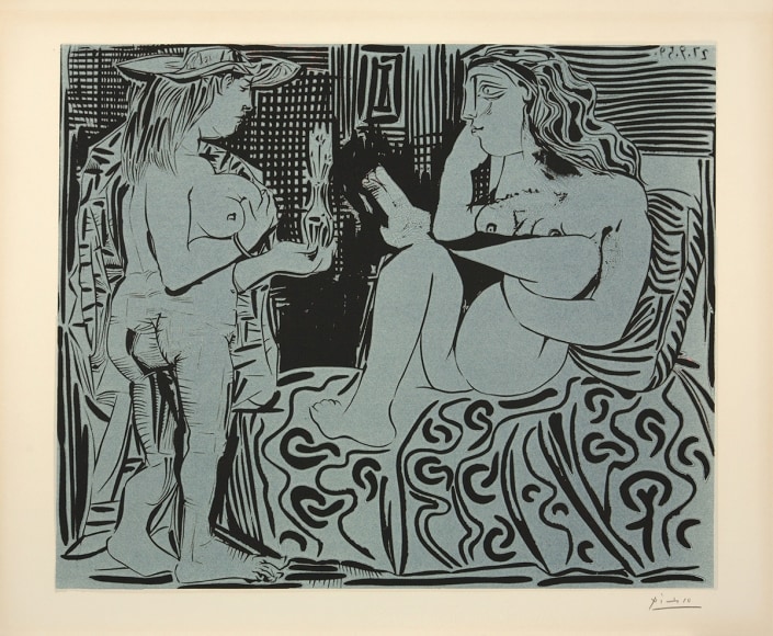 Picasso, Deux Femmes avec un Vase à Fleurs, 1959, linocut printed in two colors on Arches wove paper, 20 1/16 x 25 inches (image), One of 20 proofs, Outside the Edition of 50