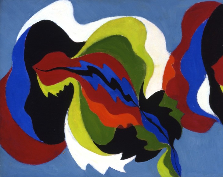 Stanton Macdonald-Wright, The Sound of a Cracked Temple Bell is also Hot Under a Summer Moon (SOLD), 1965, oil on panel, 25 x 31 inches