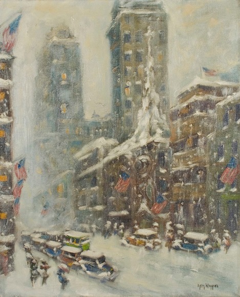 Guy Wiggins, Untitled (Flags Up Fifth Avenue), c. 1936-41, oil on canvas, 20 x 16 inches