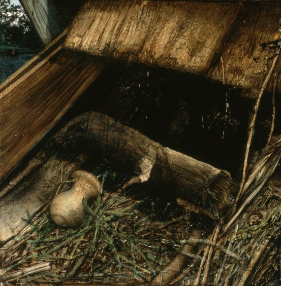 Gregory Gillespie, Burial Place, 1985, oil on mylar on board, 18 1/2 x 18 inches