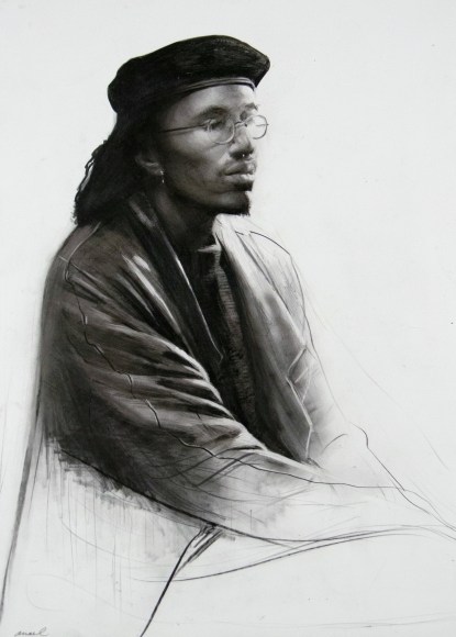 Steven Assael, Omar Wearing Beret , 2016-17, graphite and crayon on paper, 13 5/8 x 10 1/16 inches