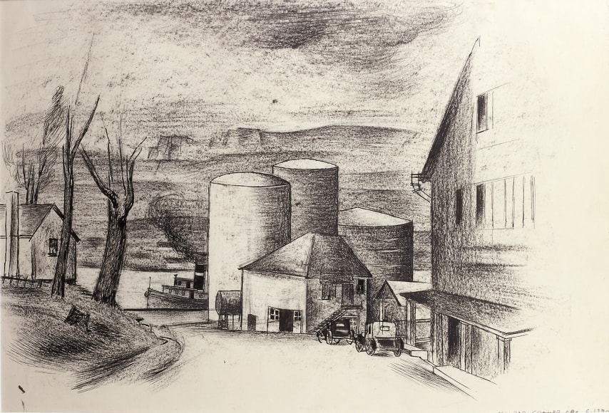 Konrad Cramer, Silos, c. 1930, black crayon, pen and India Ink on paper, 12 1/2 x 19 inches