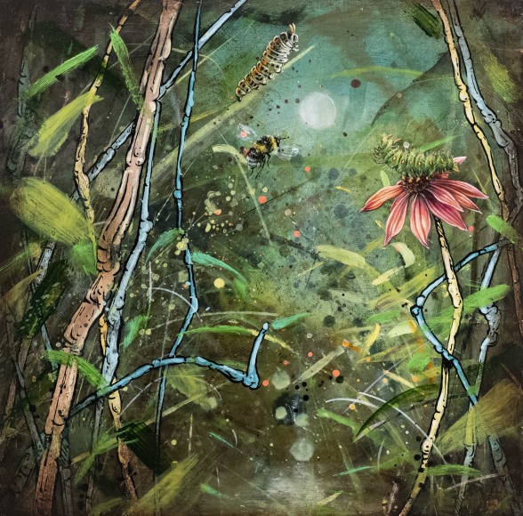 &quot;We need the healing moon...&quot;, 2021 oil, gold leaf, ink and cold wax on marble plastered linen wrapped panel 12 x 12 inches