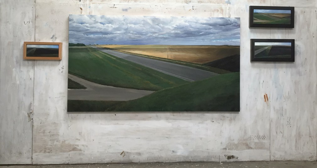 Images From Left:, Montana Plowed Field #1, 2020, oil on panel, 7 x 18 1/4 inches