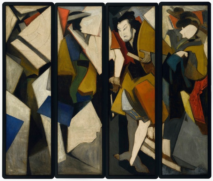 Kabuki Tetrad/Geisha Tetrad (Kabuki Tetrad), c.1916,&nbsp;oil on burlap,&nbsp;two four-panel paintings, each panel: 65 3/4 x 18 inches