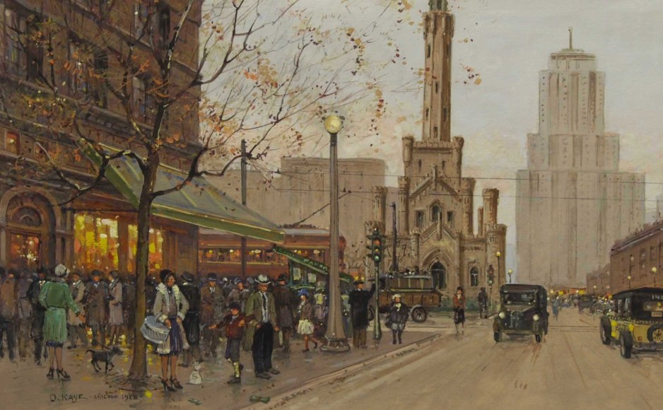Otis Kaye, Chicago Street, 1928, gouache on paper, 7 1/2 x 11 7/8 inches