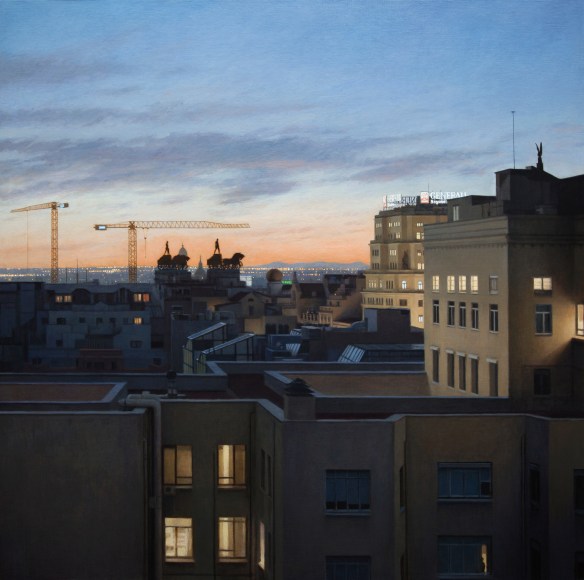 guillermo munoz vera, Quadrigas Over Madrid (Cuadrigas Sobre Madrid), 2015, oil on canvas mounted on panel, 59 x 59 inches