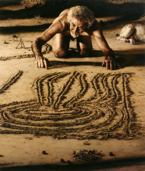 lisa Bartolozzi, Scratching in the Dirt: Wisdom Series (SOLD), 2007, oil on panel, 71 x 61 1/2 inches