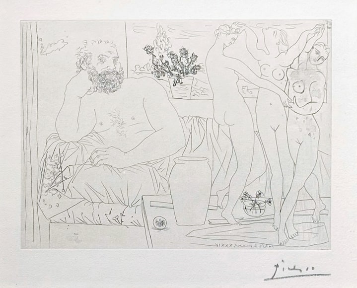 Pablo Picasso, Sculpteur avec un Groupe sculpté (Hommage à Carpeaux), 1934, (March 2, Paris), etching on Montval laid paper with Montgolfier watermark 8 3/4 x 12 1/4 inches (image), Edition of 50