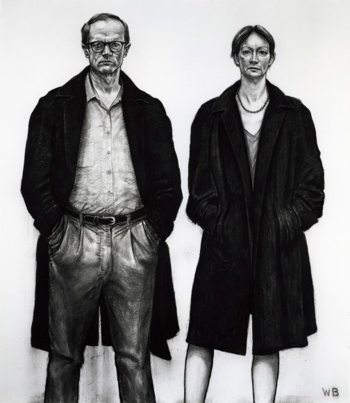William Beckman, Overcoats II, 1998, charcoal on paper, 90 x 80 inches