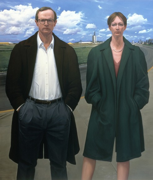 William Beckman, Study for Overcoats (CC Elevators) (SOLD), 1999, oil on canvas, 14 1/4 x 18 1/6 inches