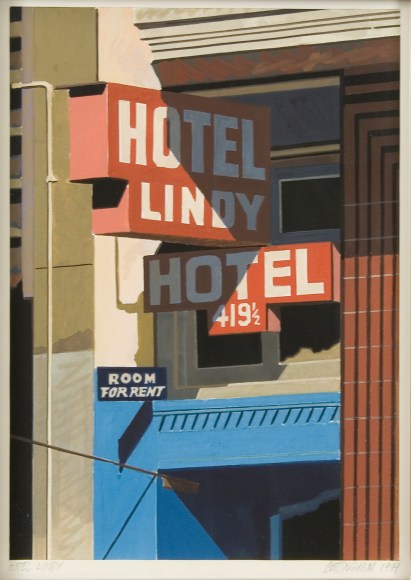 robert cottingham, Facade: Hotel Lindy, 1984, acrylic on paper, 14 x 11 1/4 inches
