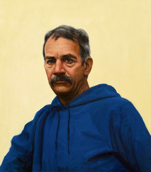 Gregory Gillespie, Self Portrait in Blue Hooded Sweatshirt, 1993, oil and alkyd on board, 26 x 22 1/2 inches