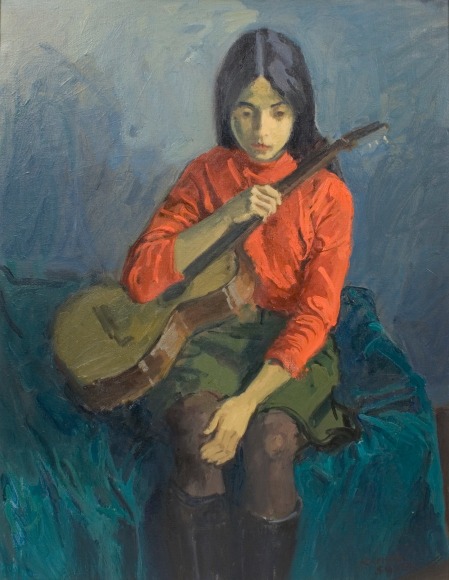 Raphael Soyer Portrait of Girl with Guitar, c.1968 oil on canvas 31 1/4 x 24 inches