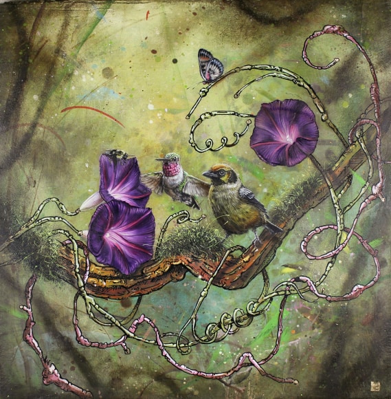 &quot;The gang is with you...&quot;, 2020 oil, gold leaf, ink and cold wax on marble plastered jute wrapped panel 16 x 16 inches