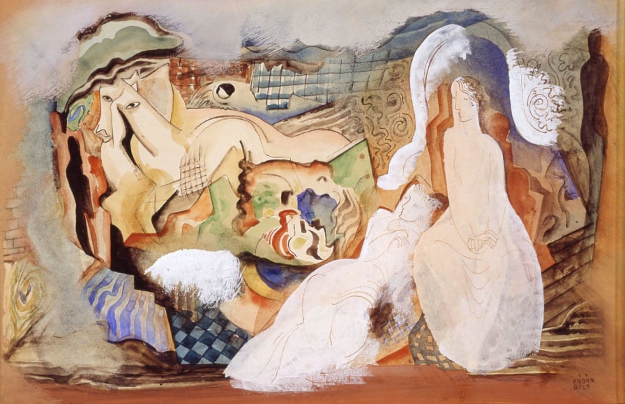 Bela K&aacute;d&aacute;r, Femmes et chevaux dans un paysage, c. 1936-38, watercolor, gouache, pen, brown and black ink and gray wash on tan board, 13 x 19 1/2 inches