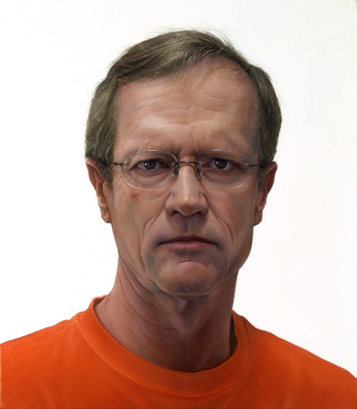 william beckman, Self Portrait (orange shirt) (SOLD), 2003, oil on panel, 18 1/2 x 16 1/4 inches